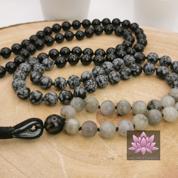 ~ Sinnesschärfer-Mala ~ (mit Schneeflockenobsidian, Labradorit & Achat)